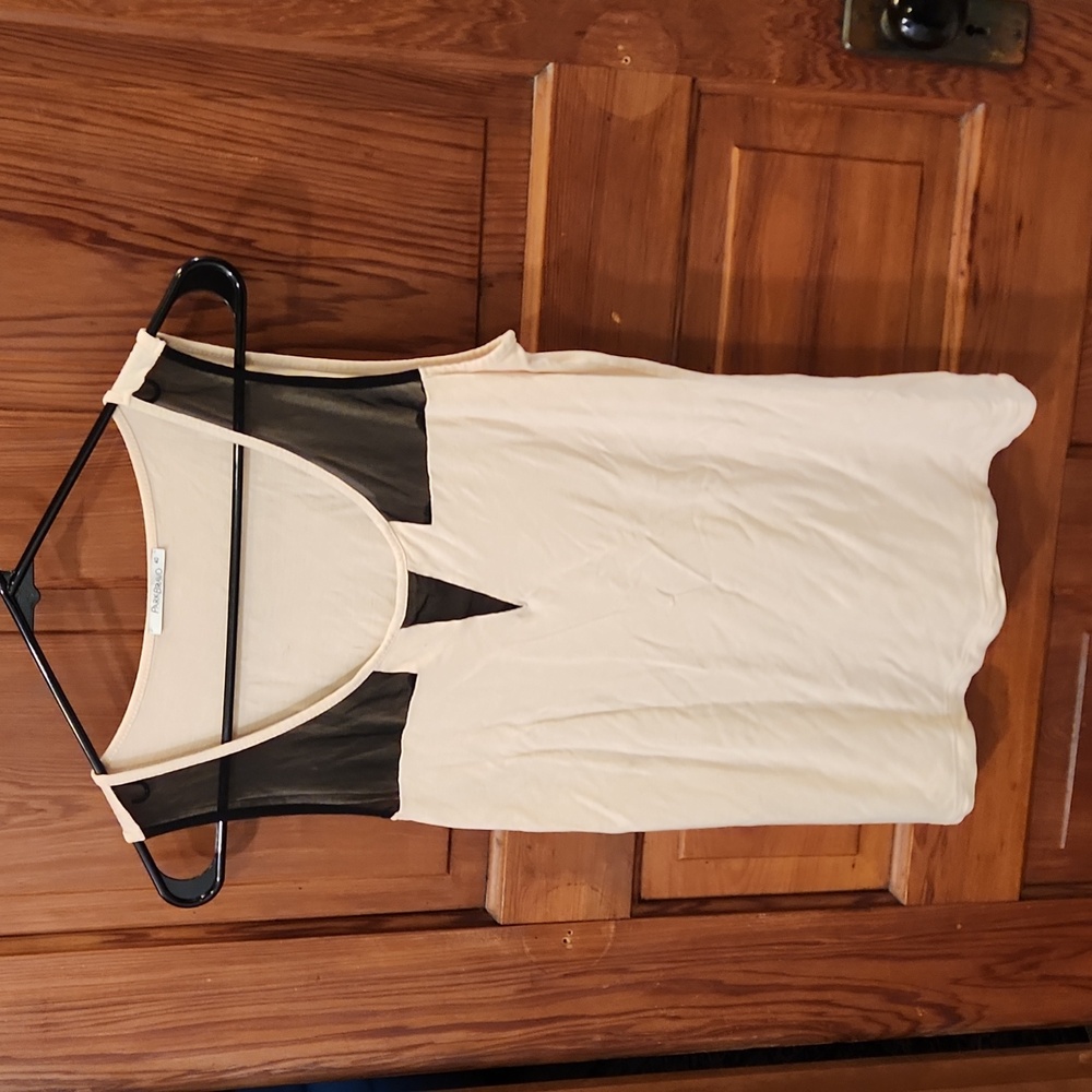 Tan tank with black mesh detail